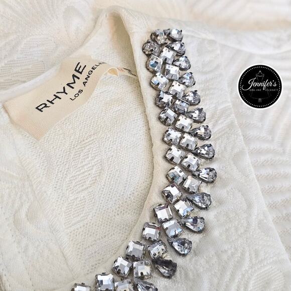 Rhyme Los Angeles Cream Floral & Herringbone Rhinestone Embellished Blouse M - Picture 13 of 16